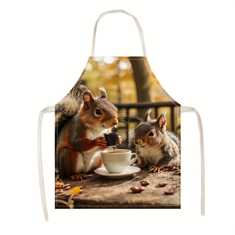 Kitchen Baking Gift Ideas - 린넨 앞치마 다람쥐 커피 장면 프린트