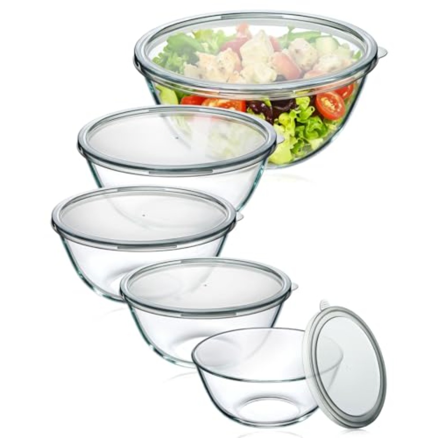 Kitchen Glass Baking Set - 유리 믹싱볼 세트(뚜껑 포함) 5종(4.78QT, 2.2QT,